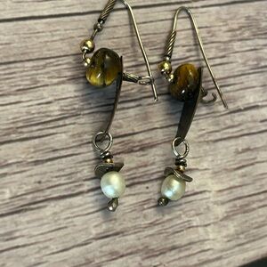Artisan Signed D. Barnes Sterling & Gold Dangle Earrings with Pearl & Tigers Eye